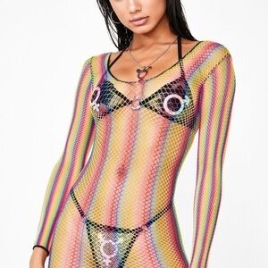 Striped rainbow multicolor fishnet dress